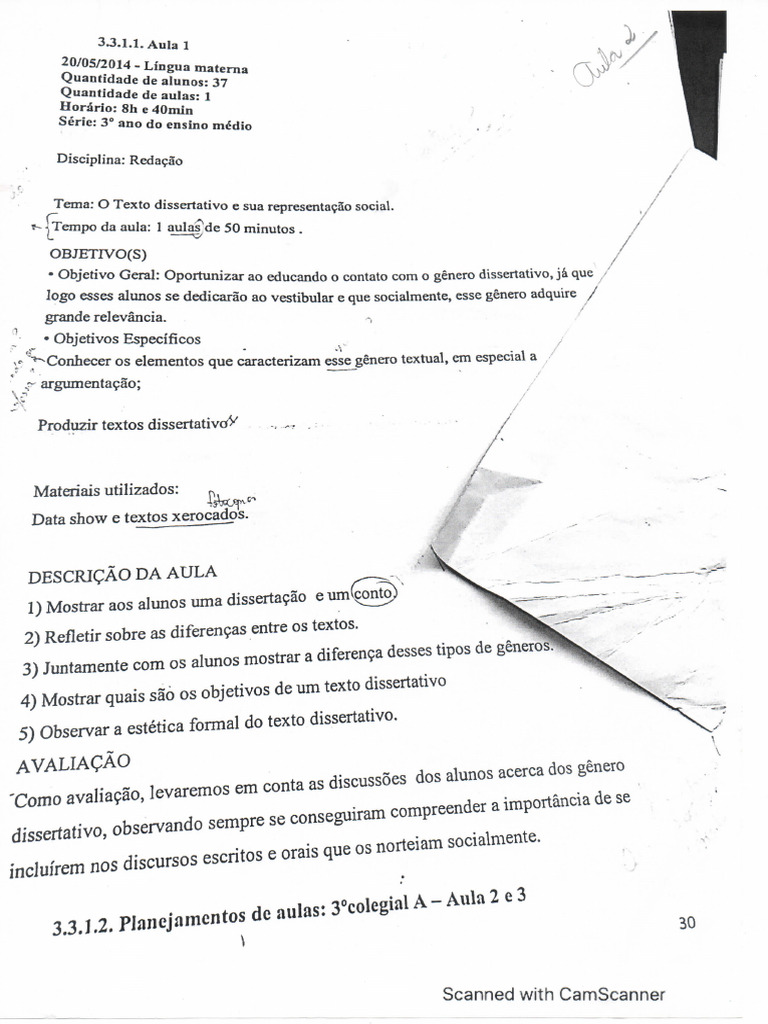 MATERIAL 1 Planos de Aula para Análise Material Aulas 2 e 3 Estágio II ...