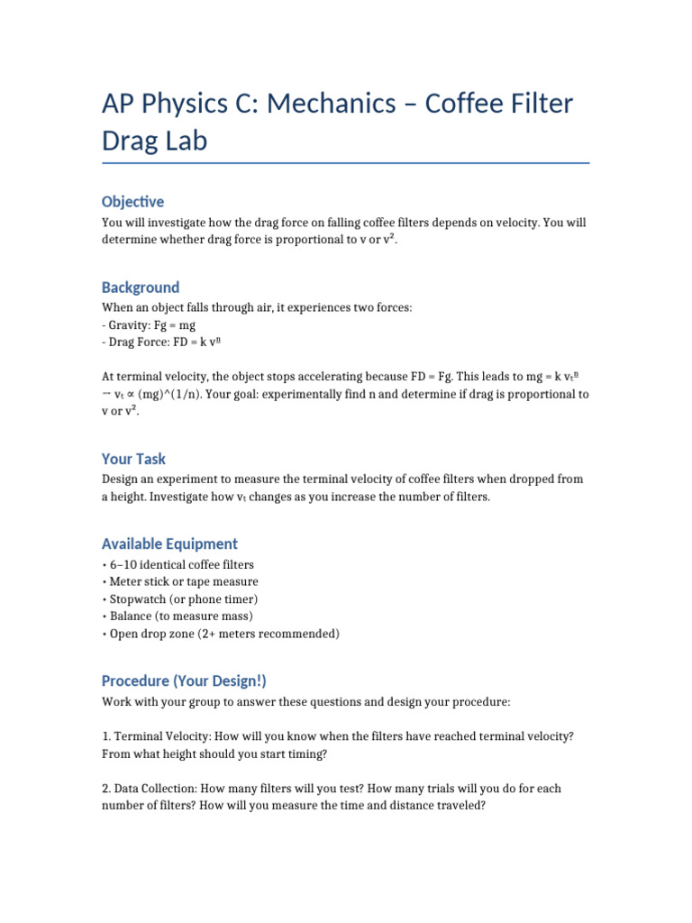 Coffee Filter Drag Lab Experiment | PDF
