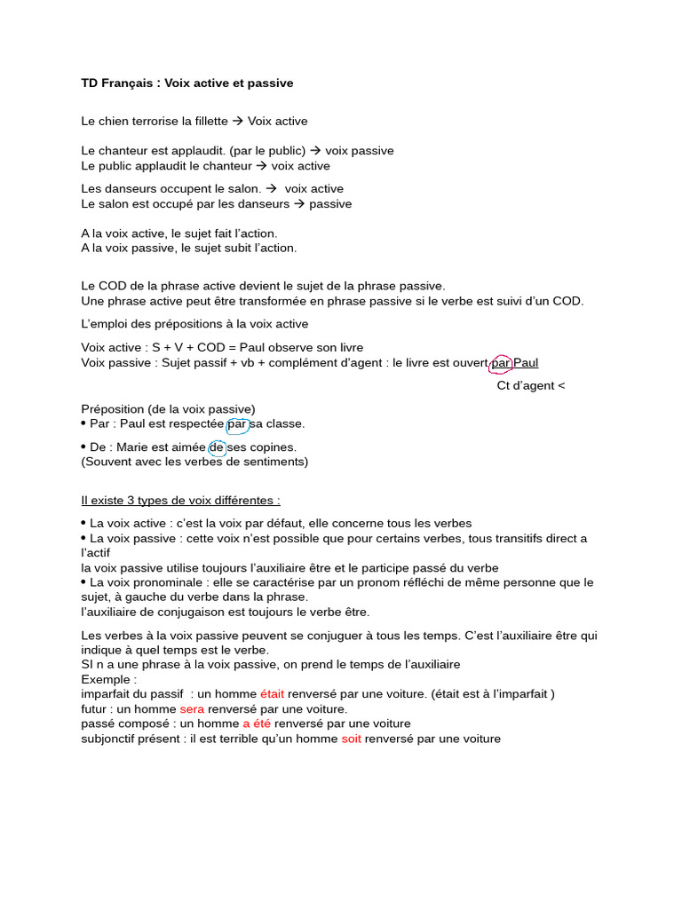 TD Français Voix Active Passive | PDF | Complément d'objet | Sujet ...