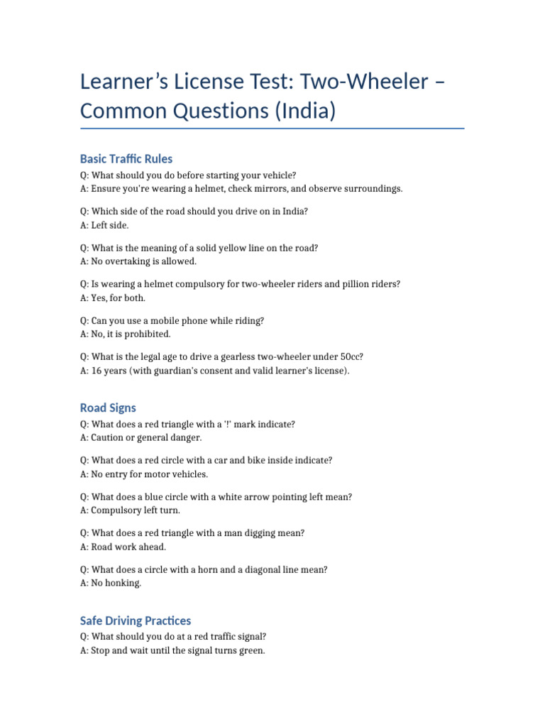 Two-Wheeler Learner's License Test FAQs | PDF