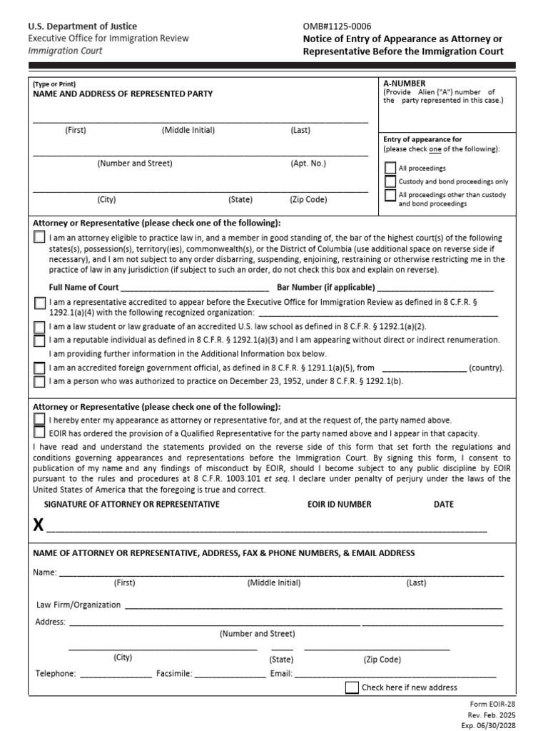 EOIR-28 Representation Form | PDF | Justice | Crime & Violence