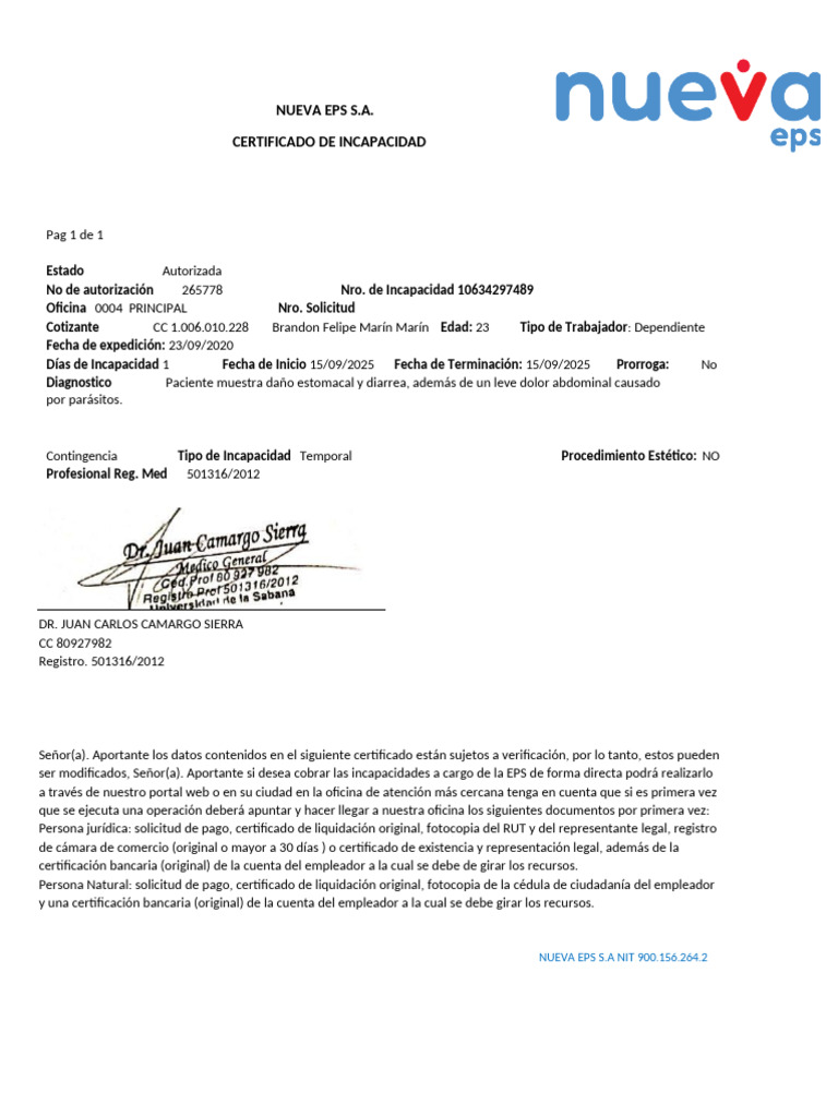 Certificado de Incapacidad Nueva EPS | PDF