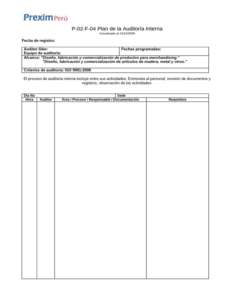 Plan de Auditoría Interna ISO 9001 | PDF