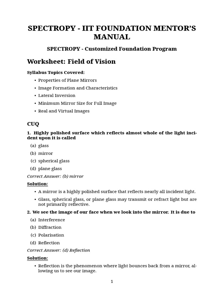 Plane Mirror Properties and Image Formation | PDF | Mirror | Reflection ...