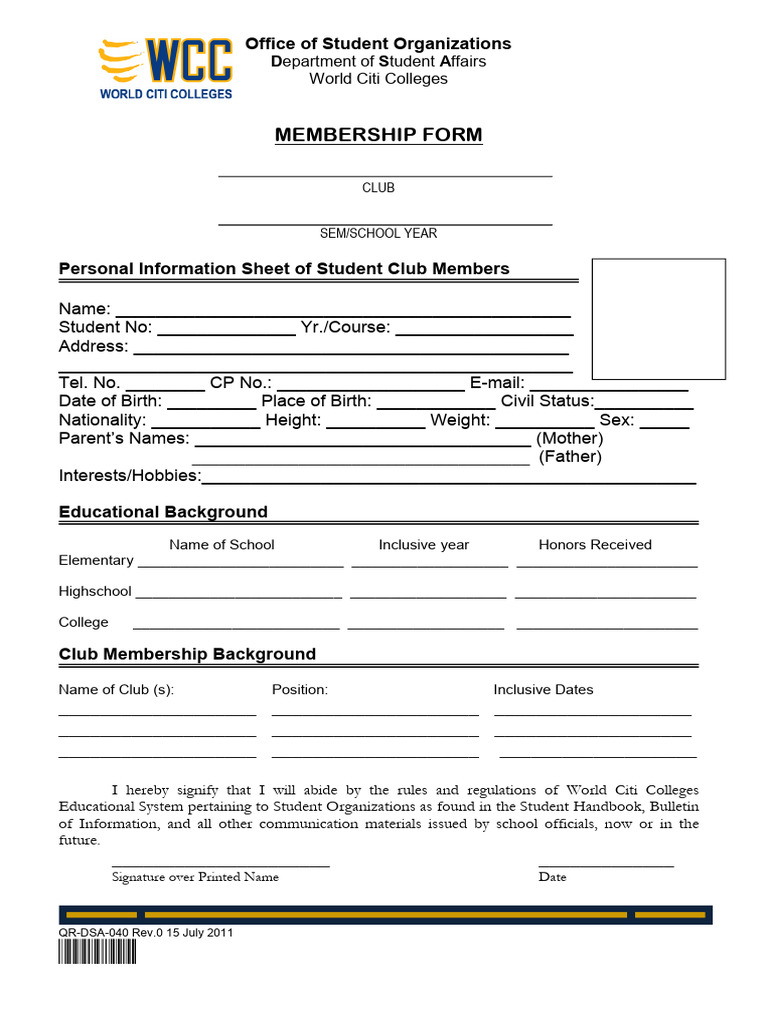 Student Club Membership Form | PDF