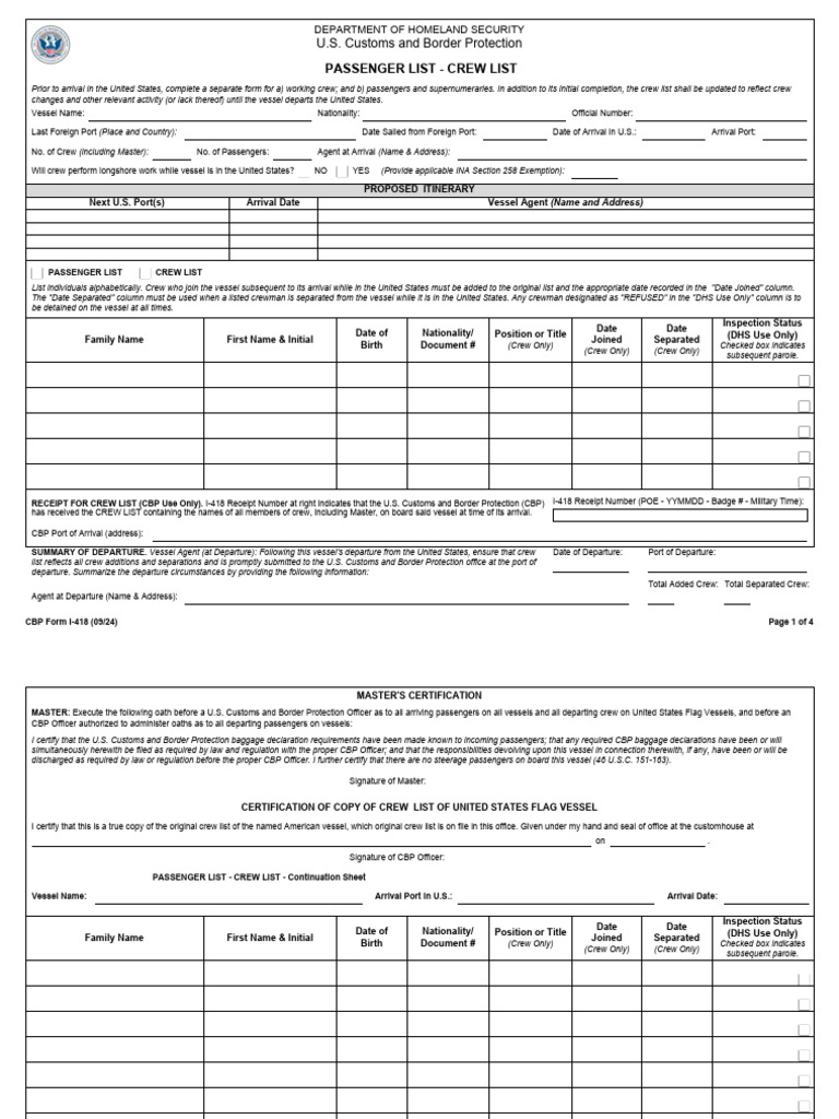 I-418 Crew and Passenger List Instructions | PDF | U.S. Customs And ...