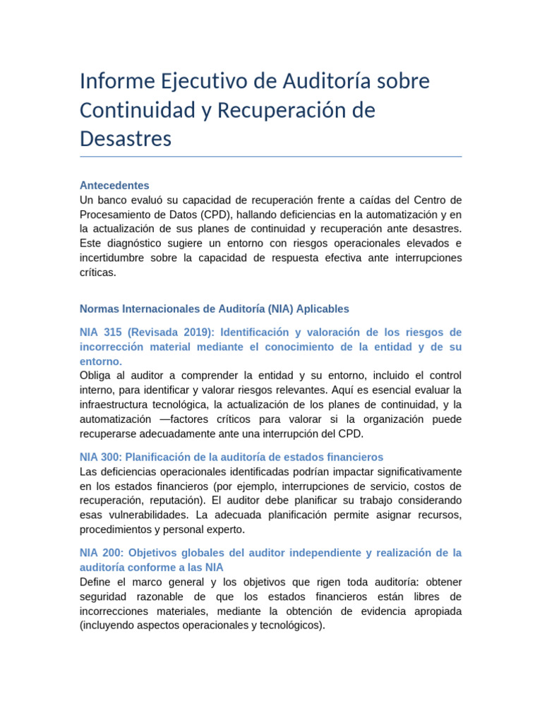 Informe Ejecutivo Auditoria Continuidad | PDF | Auditoría