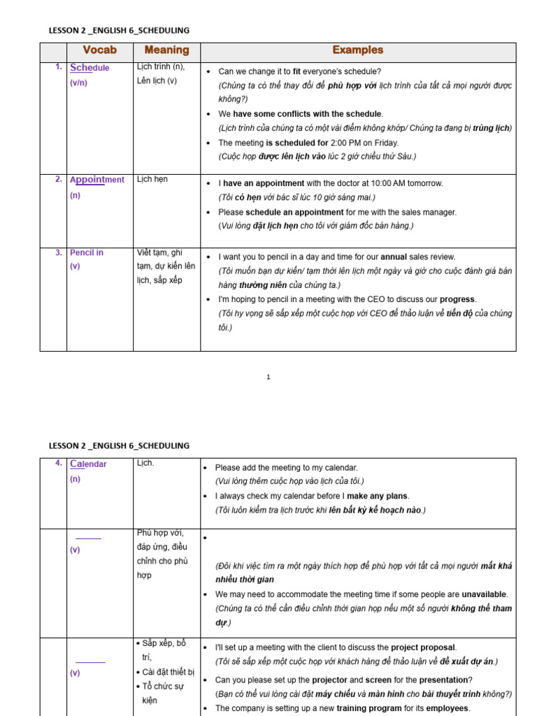 Lesson2 E6 Scheduling Vocab | PDF