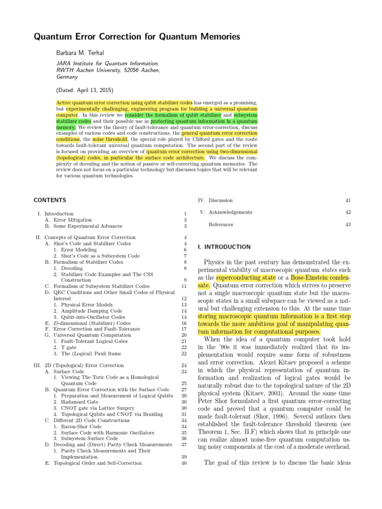 Quantum Error Correction For Quantum Memories | PDF | Quantum Computing ...