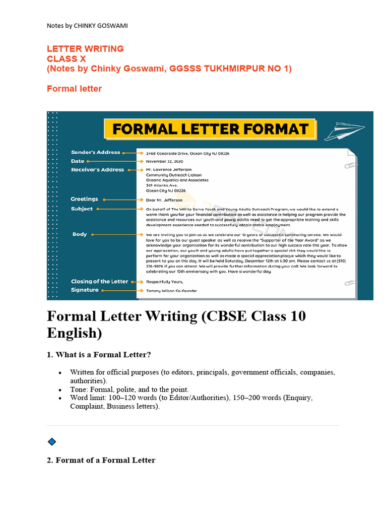 Formal Letter Writing Guide for Class 10 | PDF