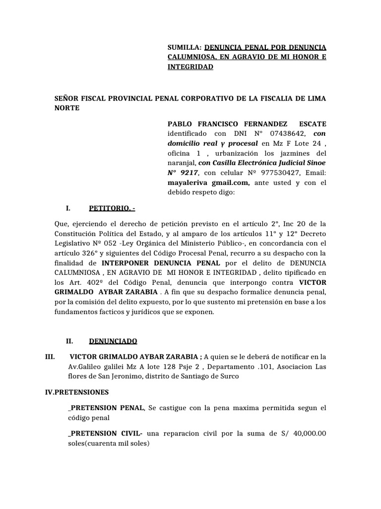 Denuncia Penal por Calumnia y Honor | PDF | Justicia | Crimen y violencia