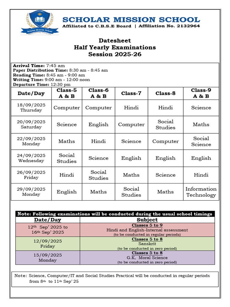 Half Yearly Exam Schedule 2025-26 | PDF