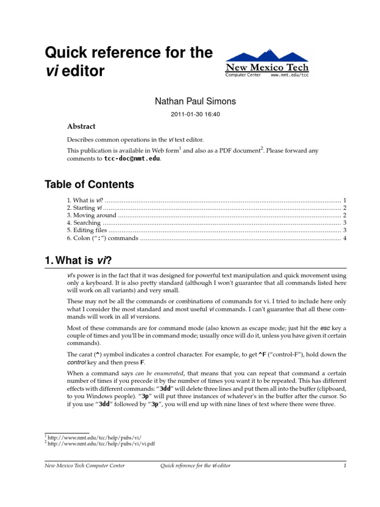 VI Editor: Quick Reference For The | PDF