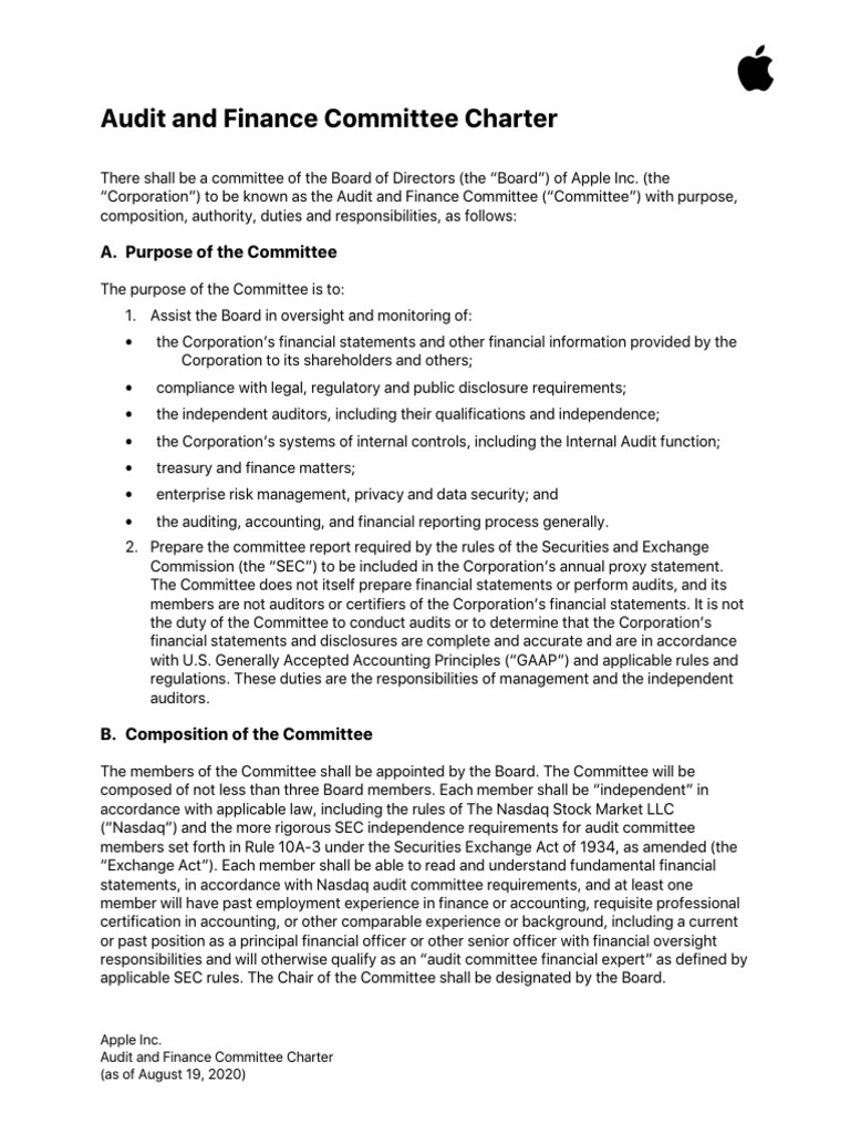 Audit and Finance Committee Charter: A. Purpose of The Committee | PDF ...