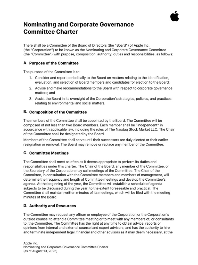 Apple Nominating Governance Committee Charter | PDF | Committee ...