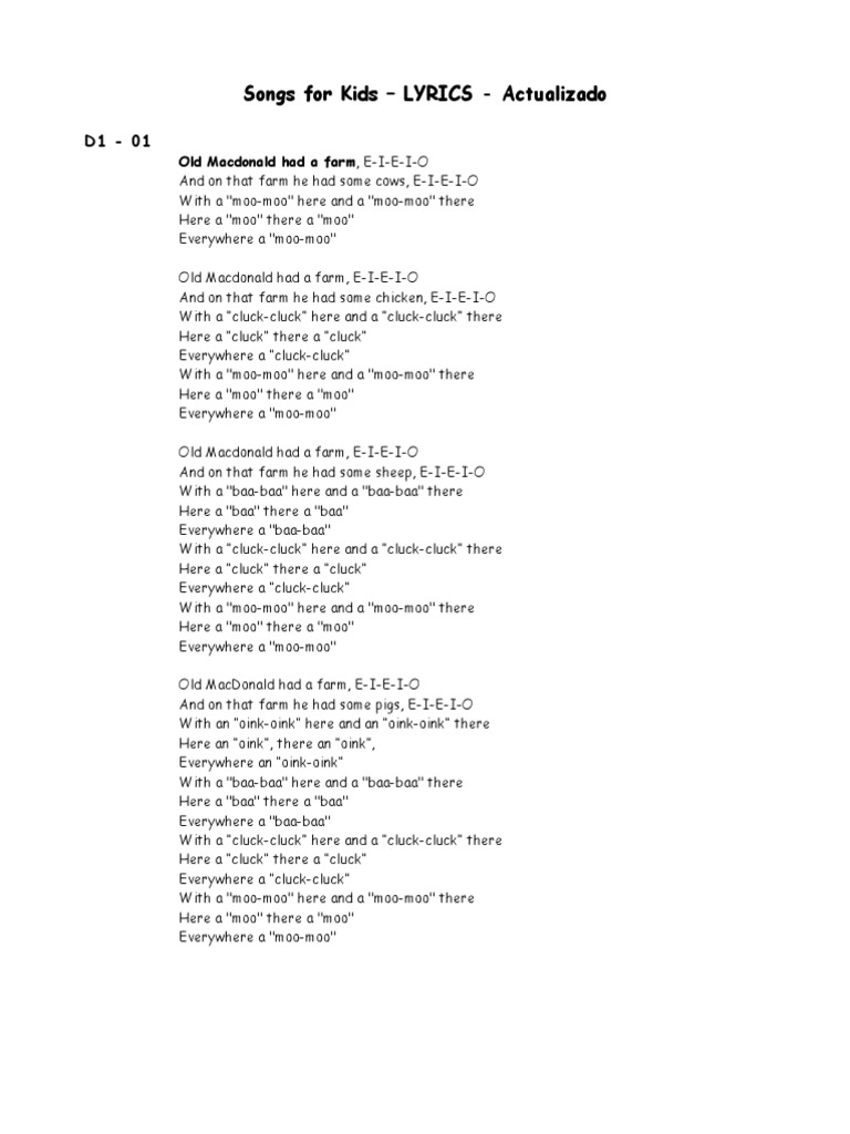 00 Lyrics 100 Songs For Kids