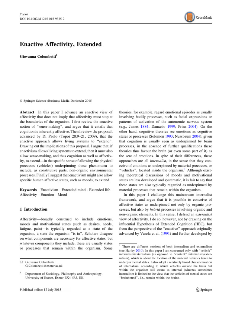 Enactive Affectivity and Extended Cognition | PDF | Internalism And ...