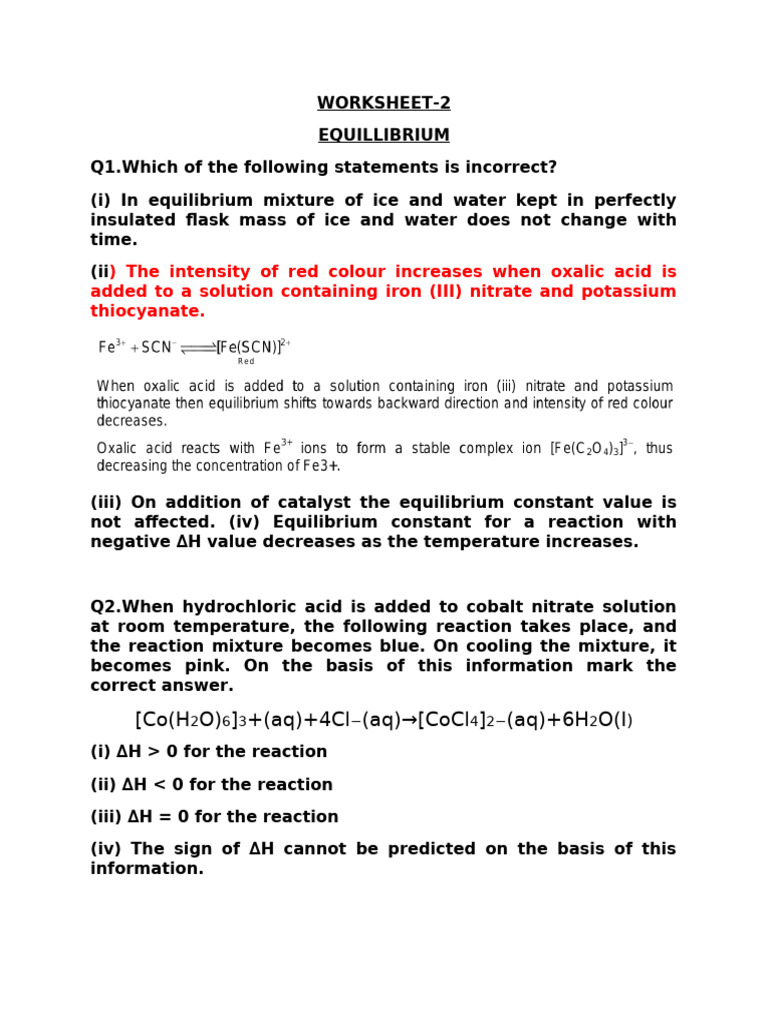 Equilibrium Chemistry Worksheet Questions | PDF | Chemical Equilibrium ...