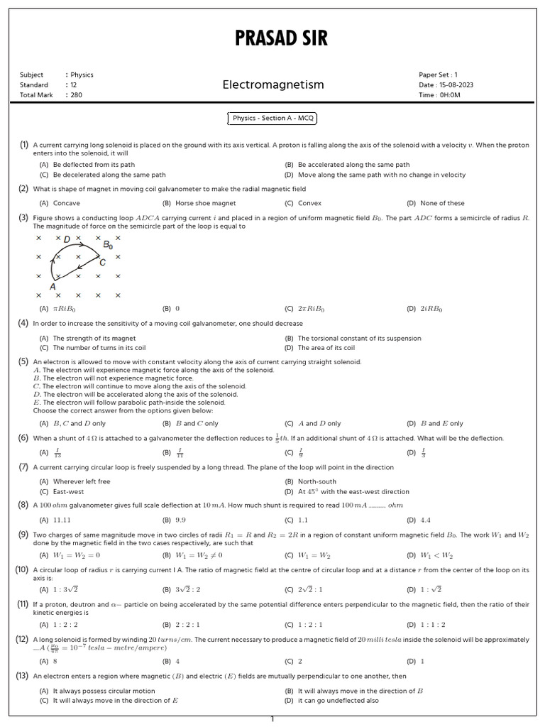 Electromagnetism MCQ Paper for Class 12 | PDF | Magnetic Field | Mechanics