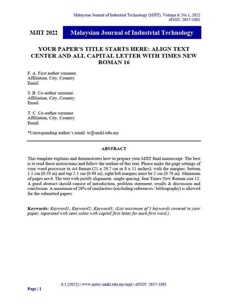 MJIT 2022 Manuscript Preparation Guide | PDF | Text | Publishing