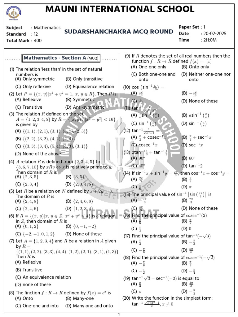 Class 12 Mathematics MCQ Paper Set 1 | PDF | Functions And Mappings ...