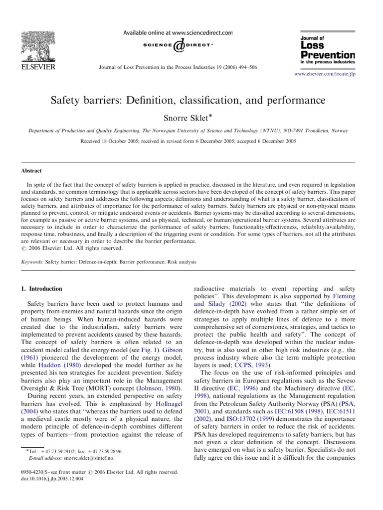 Safety Barriers: Definitions and Classifications | PDF | Safety | Hazards