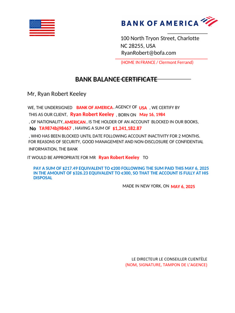 Bank Balance Certificate for Ryan Keeley | PDF