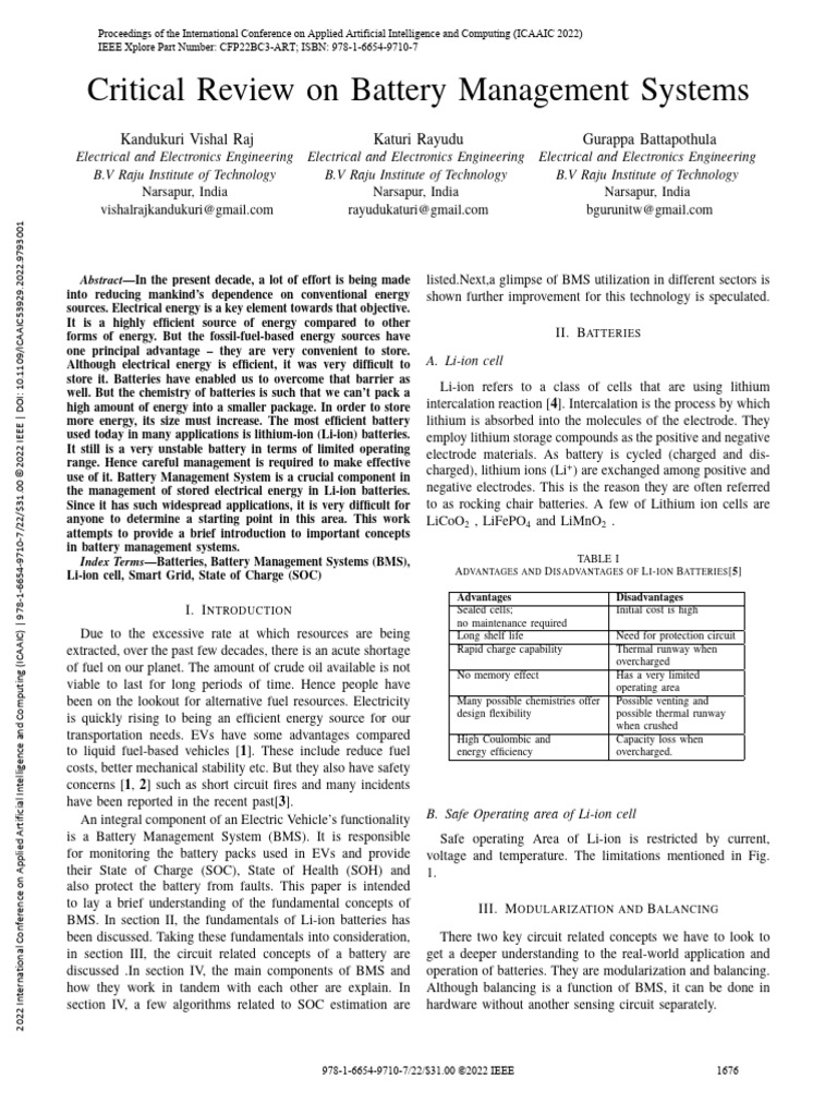 Critical Review On Battery Management Systems | PDF | Lithium Ion ...