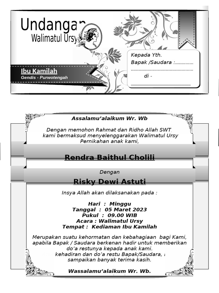 Undangan Walimatul Ursy Rendra & Risky | PDF