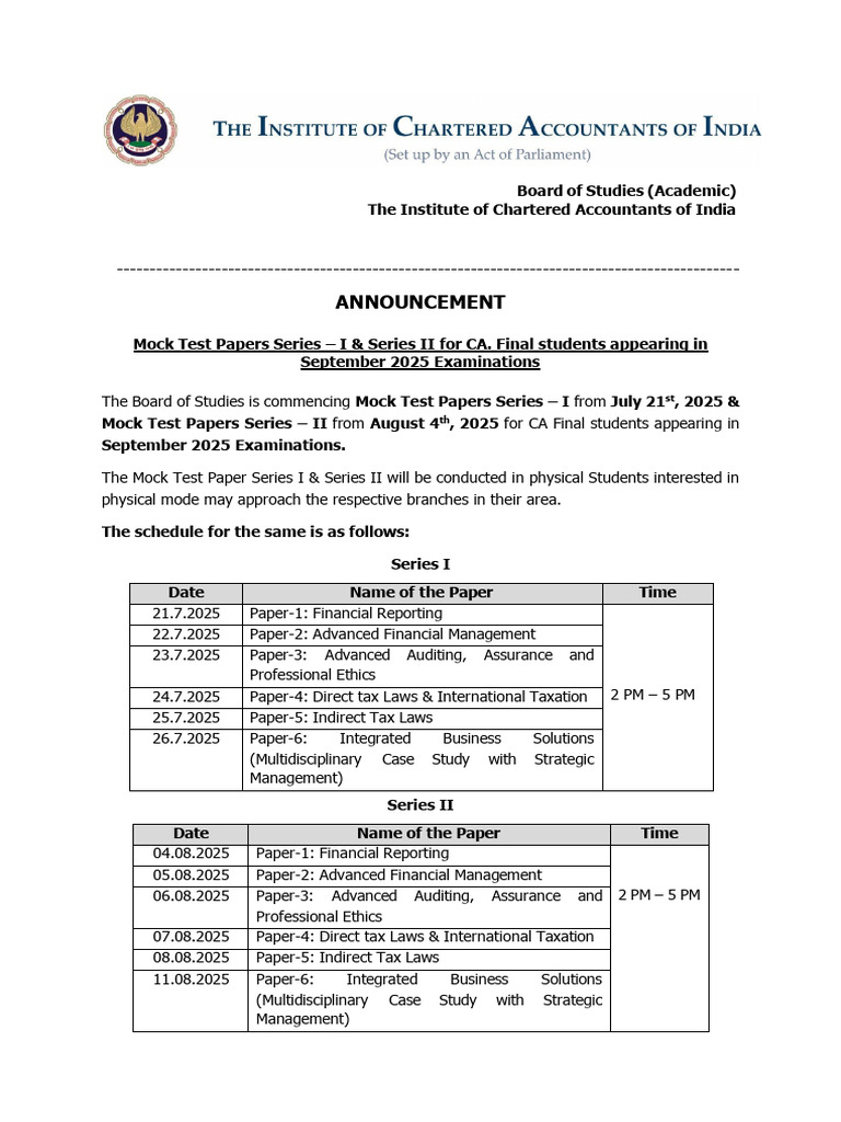 CA Final Mock Test Schedule Sept 2025 | PDF