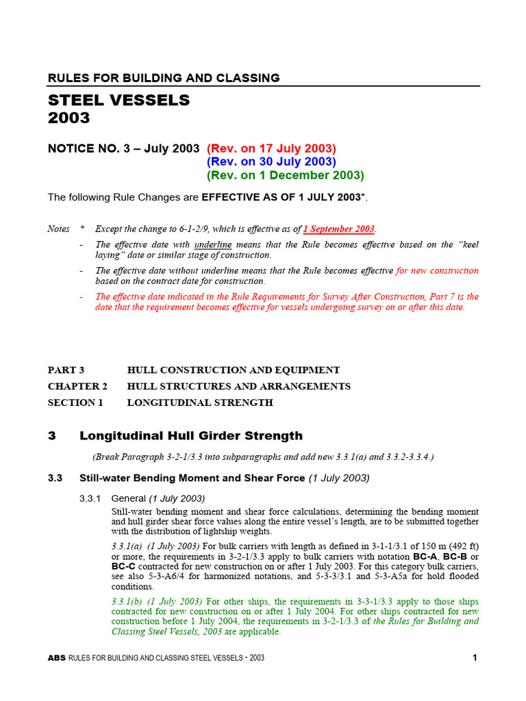 ABS Steel Vessel Classing Rules 2003 | PDF | Bending | Cargo