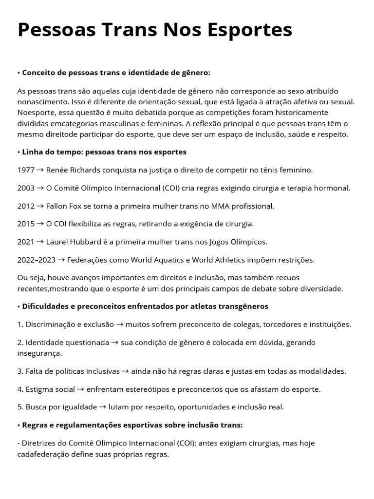 Inclusão de Pessoas Trans no Esporte | PDF | Transgênero | Estudos LGBTQIA+