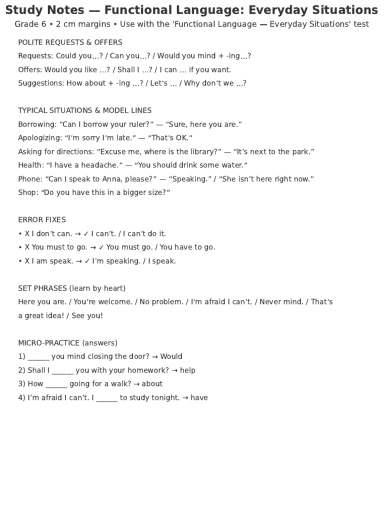 Grade 6 Functional Language Study Guide | PDF