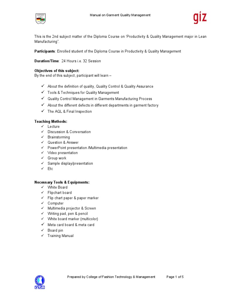 Manual Garment Quality Management PDF Quality Assurance Textiles