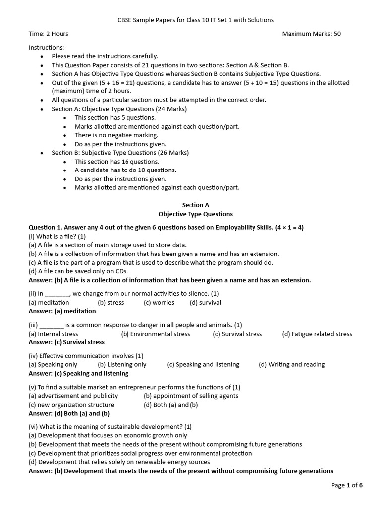 CBSE Sample Papers For Class 10 IT Set 1 With Solutions | PDF ...