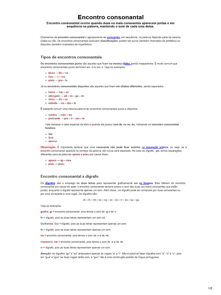 Tipos de Encontros Consonantais | PDF | Vogal | Fonética