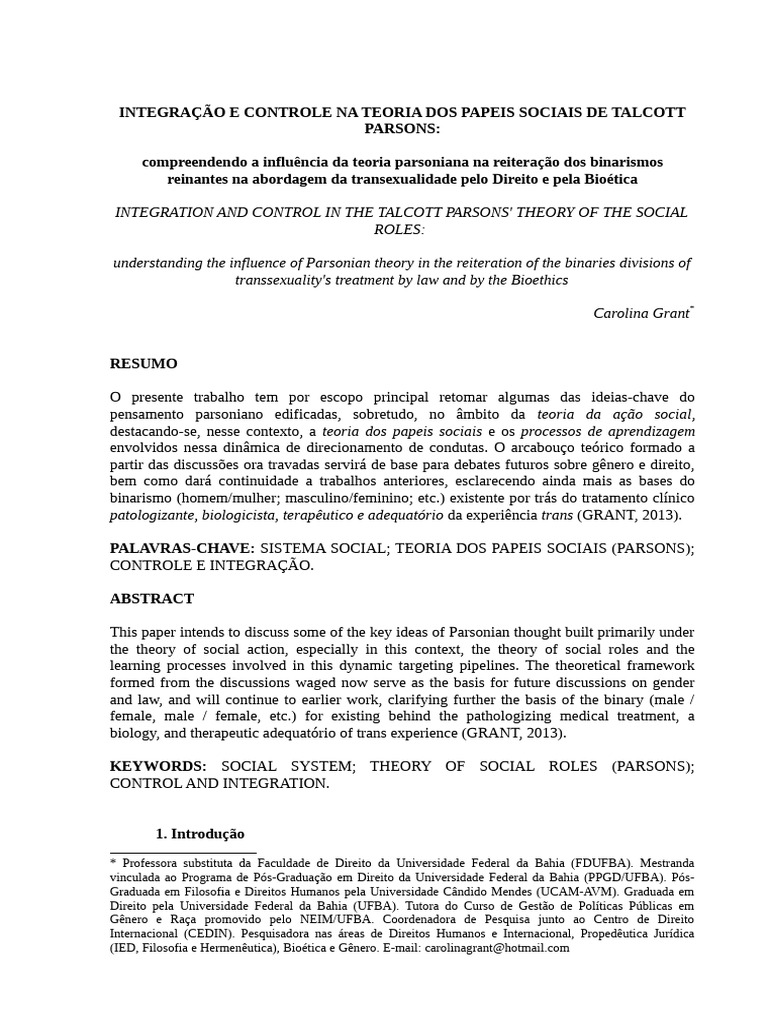Integração e Controle Na Teoria Dos Papeis Sociais de Talcott | PDF ...