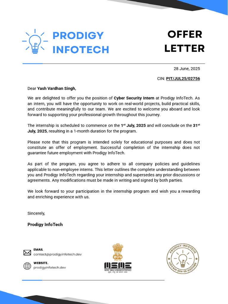 Internship Offer for Cyber Security Role | PDF