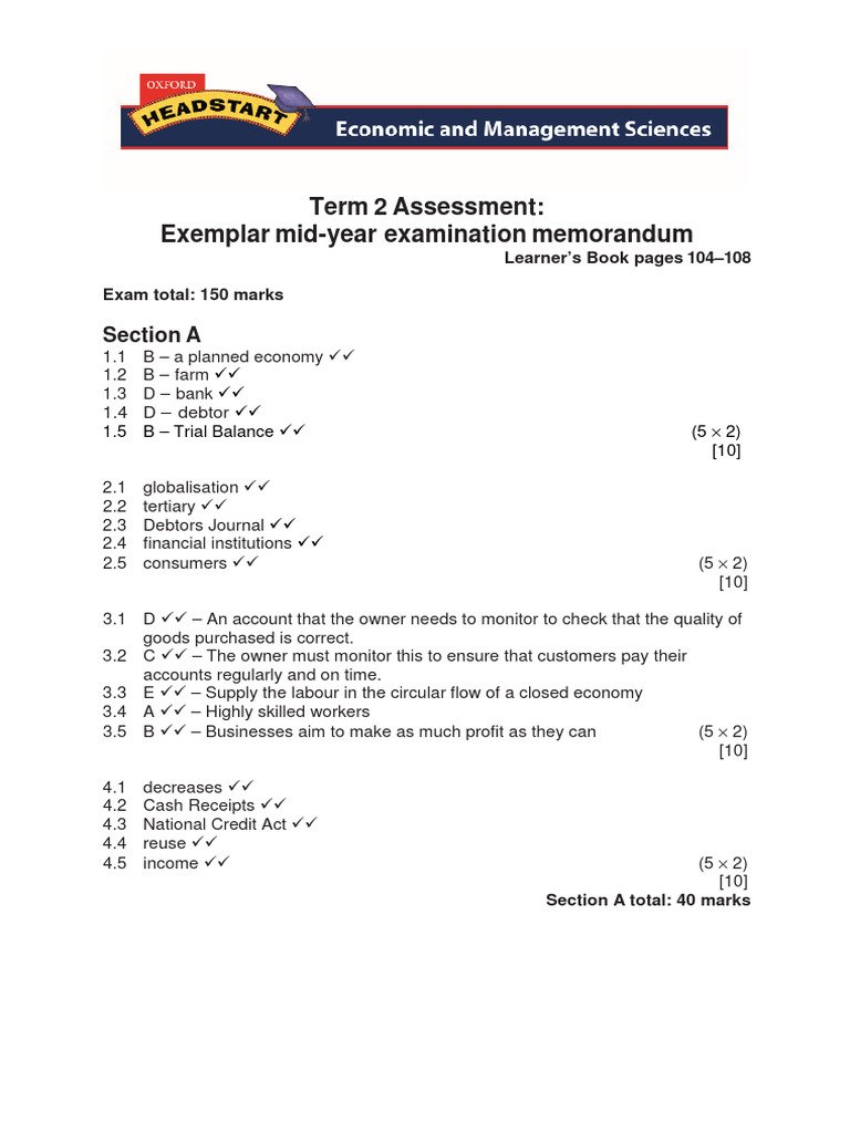 Grade 9 EMS Term 2 Exam Memorandum | PDF | Credit | Finance & Money ...