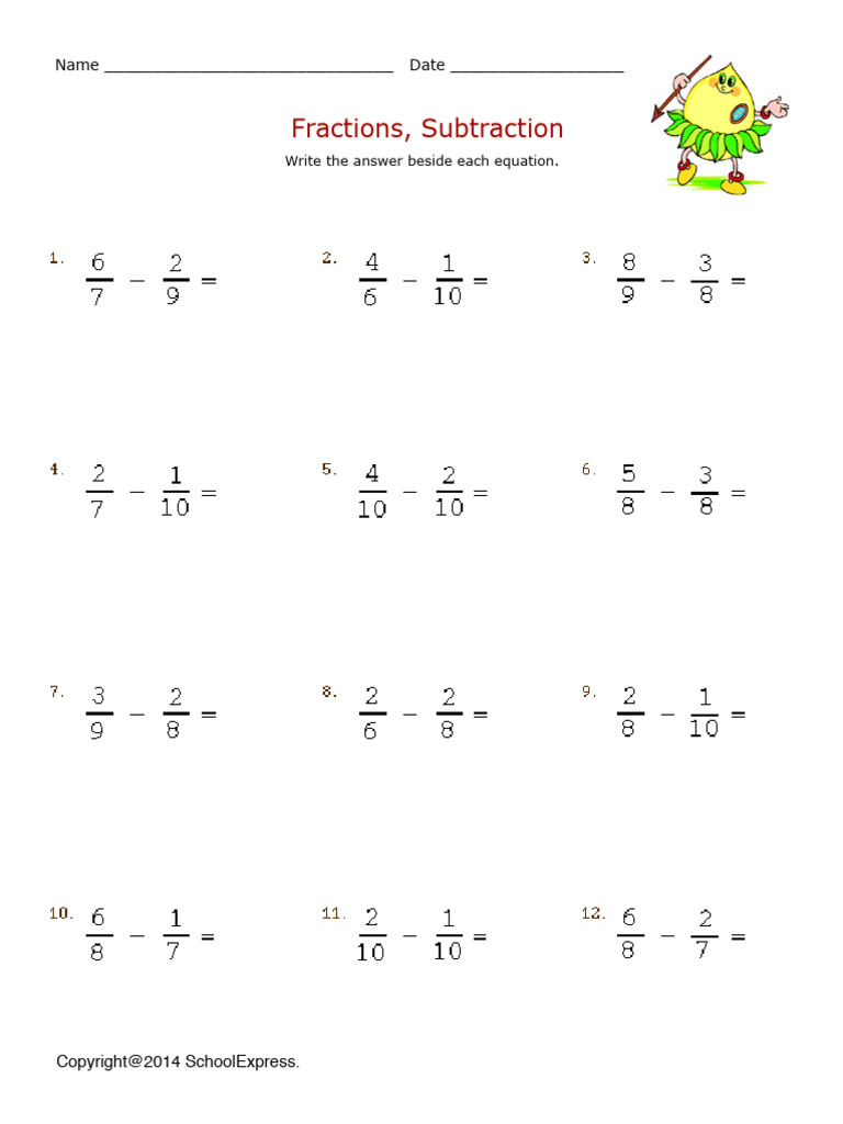 Fractions Subtraction Worksheet | PDF | Elementary Mathematics | Arithmetic