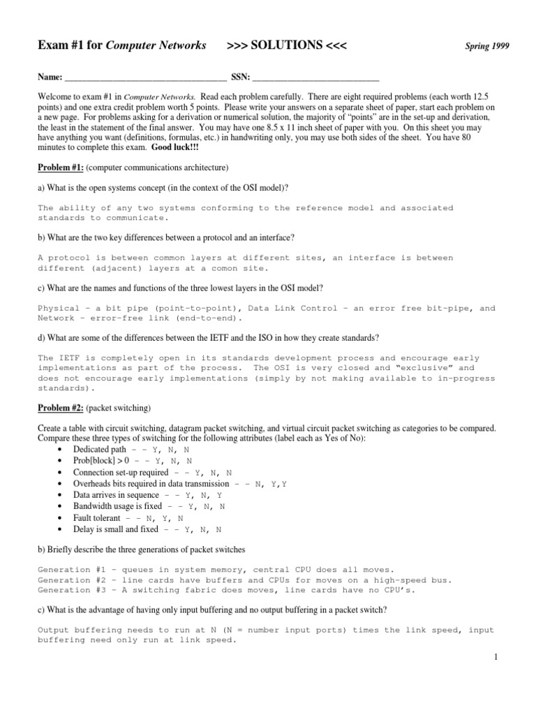Exam #1 For Computer Networks SOLUTIONS | PDF | Osi Model | Network Packet