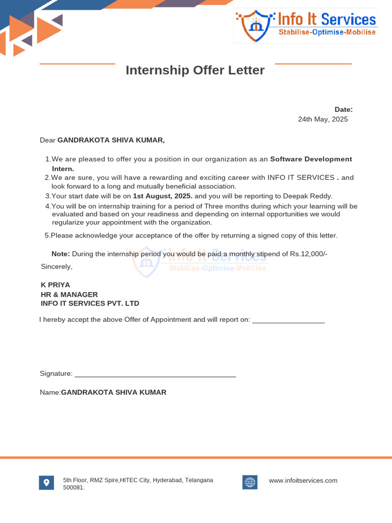Internship Offer Letter for Software Developer | PDF