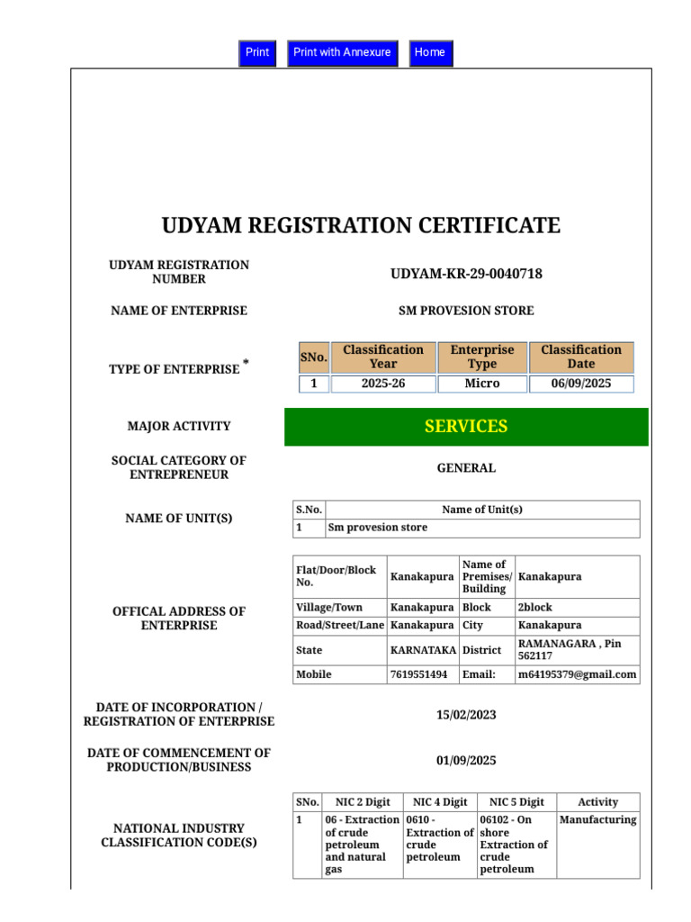 Udyam Registration Certificate for SM Provision Store | PDF