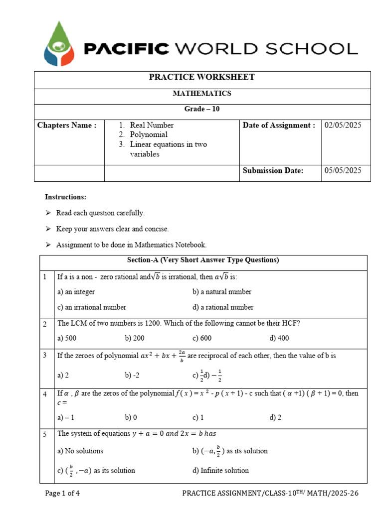 Math Revision Assignment (PT 1) Class X | PDF | Polynomial | Numbers