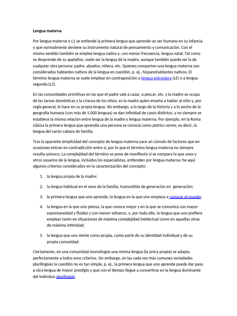 Definición y complejidad de lengua materna | PDF | Primer idioma ...