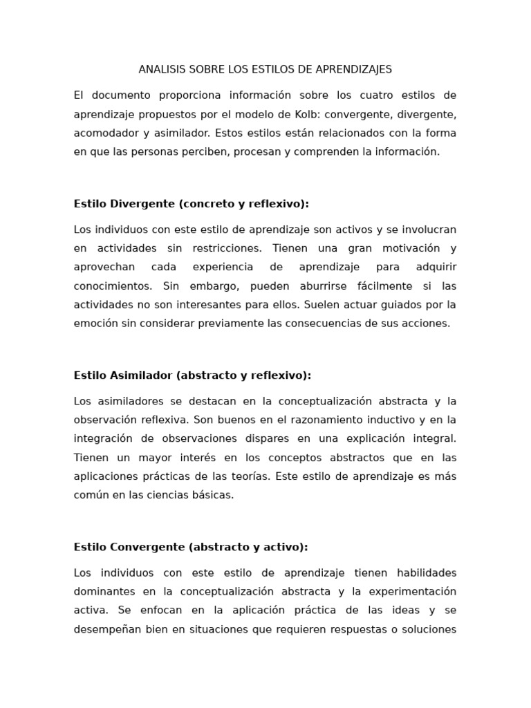 Analisis Sobre Los Estilos de Aprendizajes | PDF | Aprendizaje ...