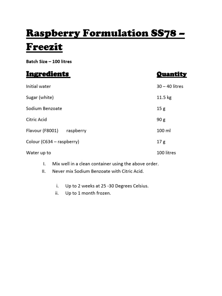FreezitRaspberry Formulation SS78-1 | PDF
