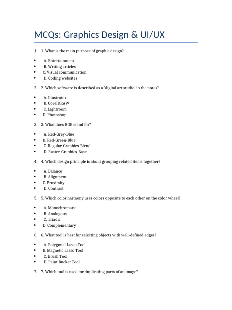 MCQs on Graphic Design & UI/UX | PDF