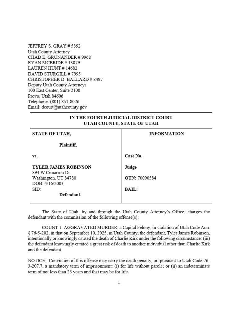 Tyler Robinson Charging Documents | PDF | Felony | Crimes