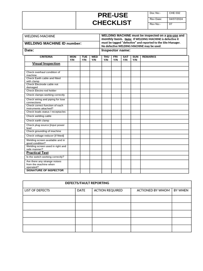 Welding Machine Pre-Use Checklist | PDF